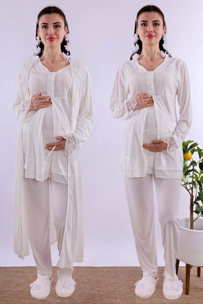 ByLohusa طقم بيجامة للحوامل من Effortt Ecru مع ثوب نوم