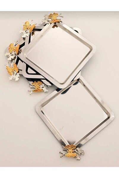 kumsal home züccaciye Lüx Sarı Kelebek Aksesuarlı Paslanmaz Çelik 6’lı Gümüş Kahve, Çay, Dekoratif Sunum Servis Tepsisi