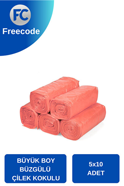 Freecode Büzgülü Büyük Boy Çöp Torbası Çilek Kokulu 10'lu 5 Rulo 65x70 Çöp Po...