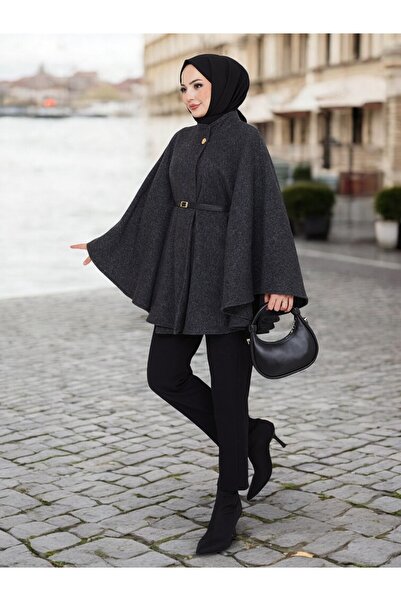 Cochines Γυναικεία μαύρη χρυσή καστανοπούλα με κουμπιά και ζώνη ψηλός λαιμός Μαύρο καστανόπολο Τουνίκ Μακρύ Πόντσο