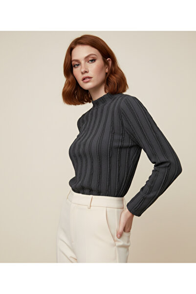 ns nirvana secret Women's Textured Stretchy Knitted Ruffle Fabric Turtleneck Blouse