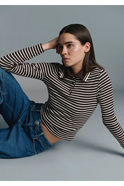 Mavi Ριγέ καφέ μπλουζάκι πόλο με εφαρμοστή εφαρμογή / Εφαρμοσμένη εφαρμογή 1613836-91456