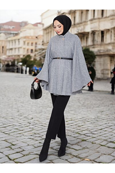 Cochines Women's Gray Gold Brooch Buttoned Belted Mock Neck Gray Cashmere Hijab Tunic Long Poncho