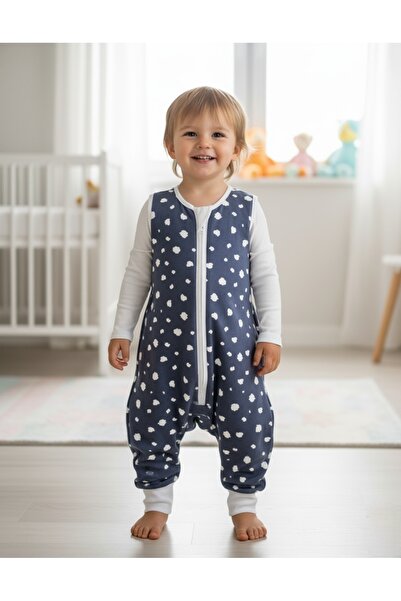 PAMUK HANIM Elyafsız 1.0 Tog Ayaklı Patikli Kız-Erkek Çocuk Fermuarlı, Kolsuz Uyku Tulumu/LACİVERT BENEKLİ