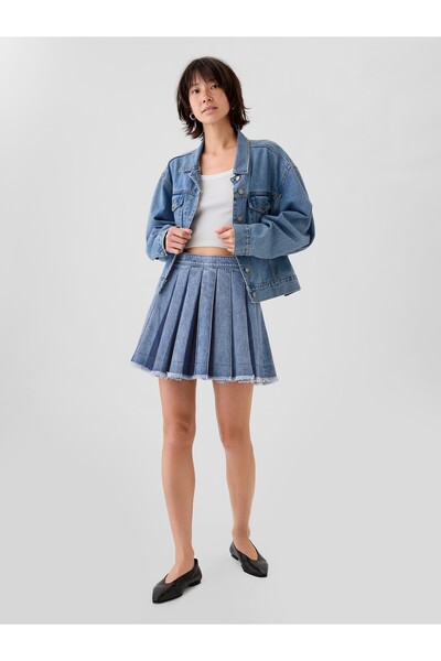 GAP Kadın Mavi Pileli Denim Mini Etek