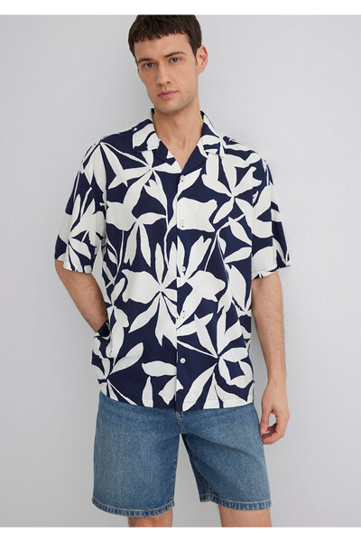 Mavi Baskılı Lacivert Gömlek Loose Fit / Bol Rahat Kesim 0211533-89921