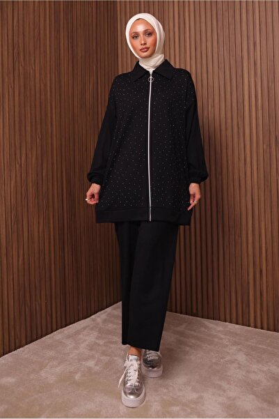 TRENDTESETTÜR KADIN SİYAH TAŞ BASKILI PANTOLONLU TAKIM T 9035