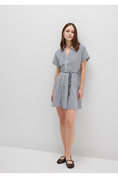 Mavi Çizgili Beli Bağcıklı Mini Elbise 1310763-91086