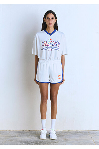 Mavi 91 Baskılı Biye Detaylı Ekru Şort 1410186-70057