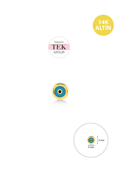 KURSHUNI Taşsız Mini Nazar, 14 Ayar Altın Küpe (TEK Satılır)
