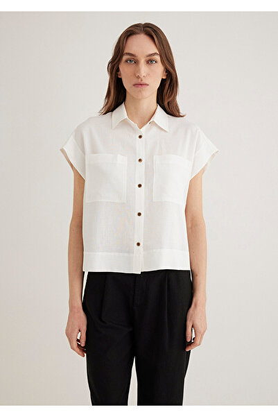 Mavi Keten Karışımlı Ekru Gömlek Loose Fit / Bol Rahat Kesim 1211090-70057