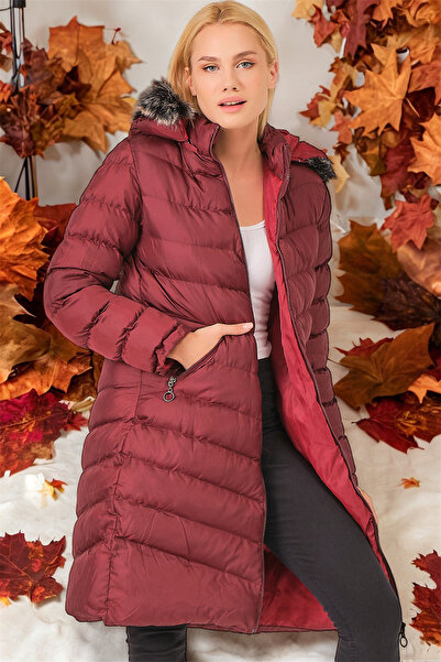 Dewberry Z6690 KÜRKLÜ KAPŞONLU KABAN-DÜZ BORDO