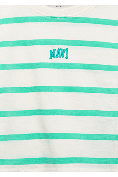 Mavi Πράσινο ριγέ μπλουζάκι Crop με λογότυπο με φαρδιά χαλαρή εφαρμογή 7610182 -88145