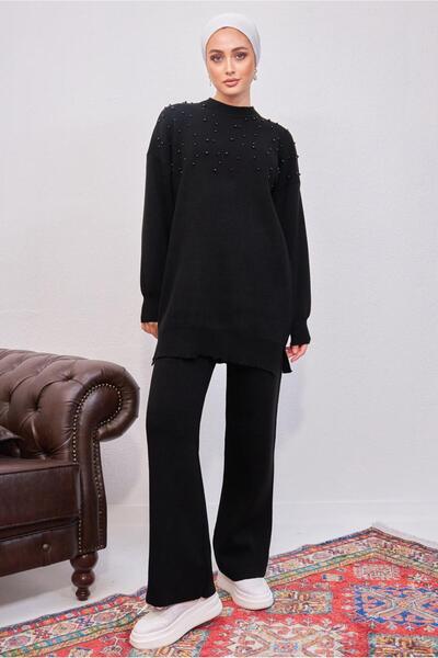 TRENDTESETTÜR KADIN SİYAH İNCİLİ PANTOLONLU TRİKO TAKIM T 8608