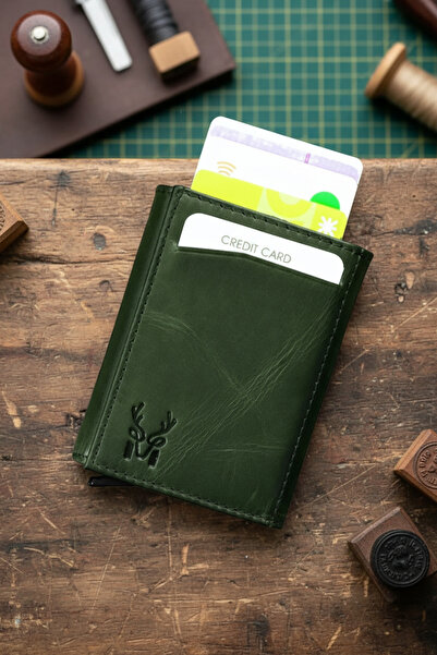 Modica Hakiki Deri Otomatik Mekanizmalı RFID Korumalı Erkek Yeşil Kartlık Cüzdan Pescol