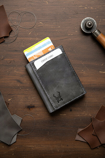 Modica Hakiki Deri Otomatik Mekanizmalı RFID Korumalı Erkek Gri Kartlık Cüzda...