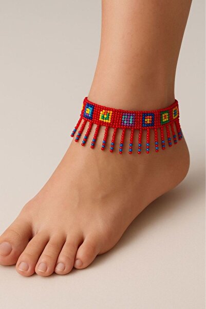 boncuktanseyler El Yapımı Kırmızı Desenli Renkli Boncuk Halhal