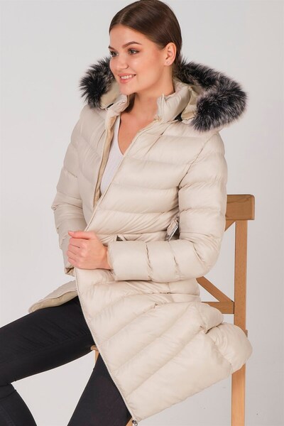 Dewberry Z6690 KÜRKLÜ KAPŞONLU KABAN-BEJ