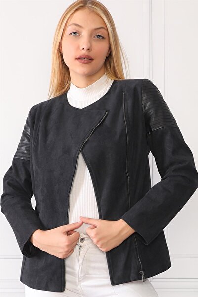 Dewberry Z6615 Leather Suede Coat-Dark Black