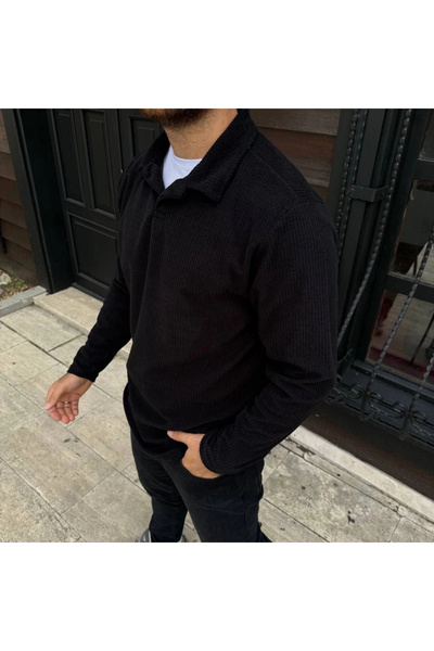 MODA Men's Corded Fabric Fleece Sweatshirt – Buttonless Polo Collar, Oversized Comfortable Fit, Thick Fleece Fabric, Winter Season