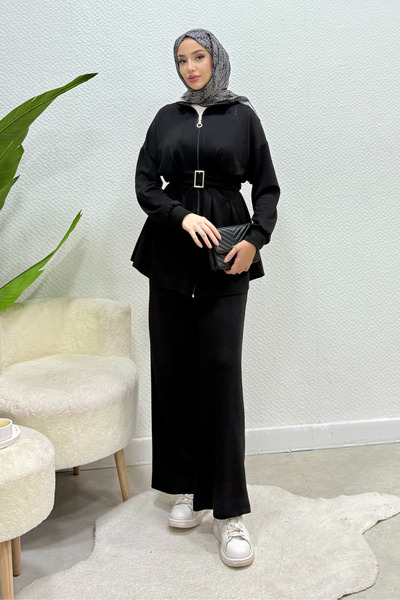 Tesettür Diyarı بدلة ديفا المربوطة بحزام من قماش المودال - أسود