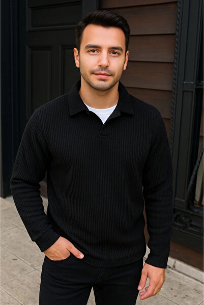 MODA Men's Corded Fabric Fleece Sweatshirt – Buttonless Polo Collar, Oversized Comfortable Fit, Thick Fleece Fabric, Winter Season