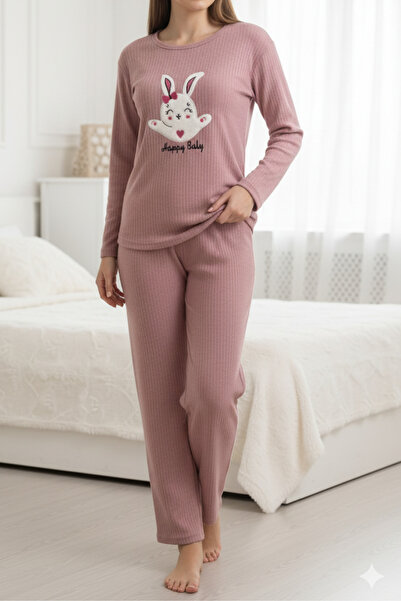 ELİTOL Women's Dusty Rose Rabbit Patterned Long Sleeve Pajama Set