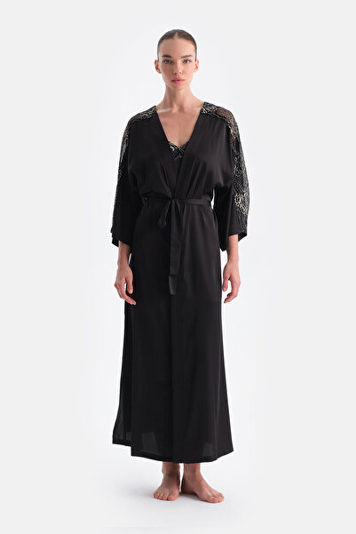 Dagi Black Lace Detailed Satin Bride Dressing Gown