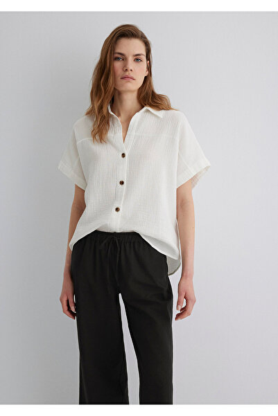 Mavi Dokulu Ekru Gömlek Loose Fit / Bol Rahat Kesim 1210758-70057