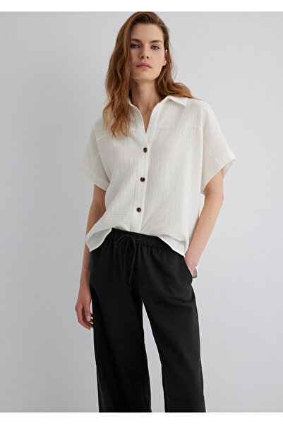 Mavi Dokulu Ekru Gömlek Loose Fit / Bol Rahat Kesim 1210758-70057