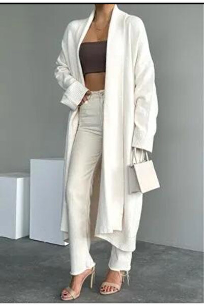 Store Kadın Krem Şal Yaka Uzun Triko Hırka | Oversize & Rahat Model