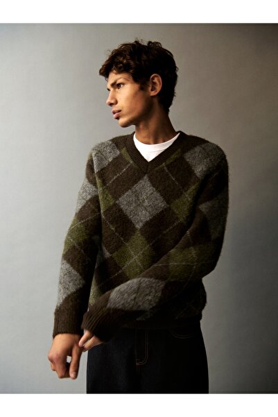 GAP Erkek Yeşil Brushed V Yaka Kazak