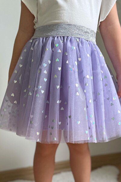 Breeze Lilac Colored Girls Tutu Skirt, Glittery Heart Pattern Elastic Waist Needlework for Ages 5-10