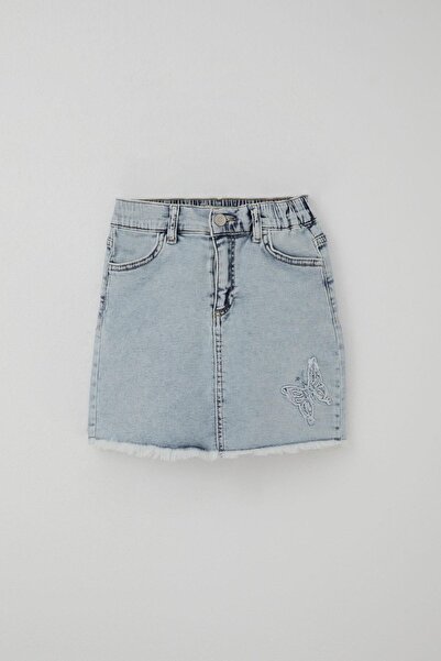 Breeze Fusta Jean pentru Fata Broderie Fluture Detaliu Buton 6-10 Ani, Albastru Deschis