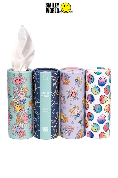 SMILEY WORLD 4'lü Silindir Yüz Mendili – Renkli Tasarımlar, 3 Katlı, Bardaklı...