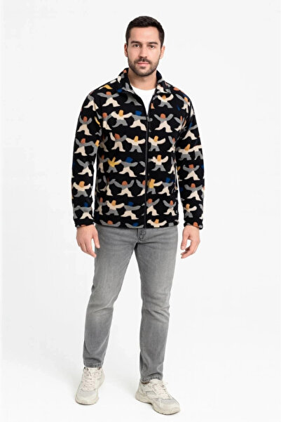 MODA Men's Full Zip Patterned Fleece Sweat – Black Multicolor Figure Pattern ...