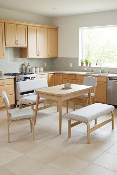 VİLİNZE Ege Sandalye-Bank Avanos Ahşap MDF Açılır Mutfak Masası Takımı - 70x120+30 cm