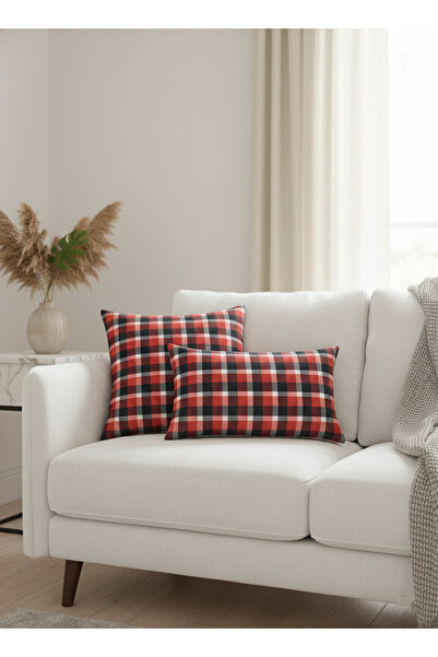 LILYUM Çift Taraflı Kırmızı Siyah Ekose Desenli Dekoratif Kırlent Kılıfı 2 li...