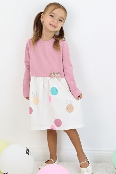Breeze Χαριτωμένο πολύχρωμο μακρυμάνικο φόρεμα Bunny B με τύπωμα για κορίτσια 1,5-5 ετών - Dusty Rose