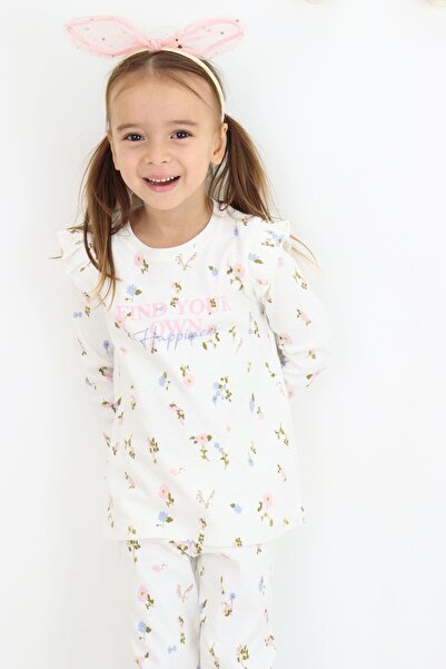 Breeze Girl's Leggings Set Colorful Floral Patterned Shoulder Ruffles 2-6 Years Old, Ecru