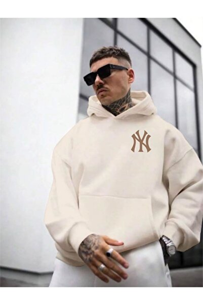 NİCE Ανδρικό φούτερ μπεζ μπροστά πίσω NY εμπριμέ με κουκούλα