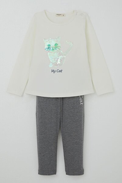 Breeze Kız Çocuk Taytlı Takım Pullu Kedicik Baskılı Nakışlı 1.5-5 Yaş, Ekru