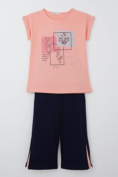 Breeze Σετ παντελόνι για κορίτσια με φλοράλ στάμπα με σκίσιμο 6-12 ετών, σολομός