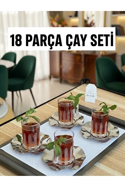 DECOSTYLE Gümüş Çelik Tabaklı 18 Parça Modern Cam Çay Takımı – Şık Misafir Sunum Seti