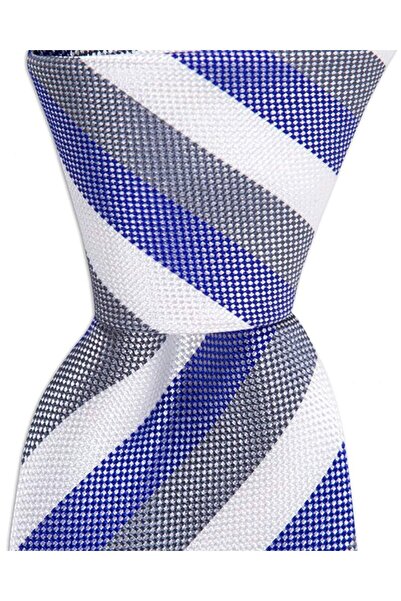 1001 Kravat Blue White Gray Striped 7.5 cm Wide Silk Tie