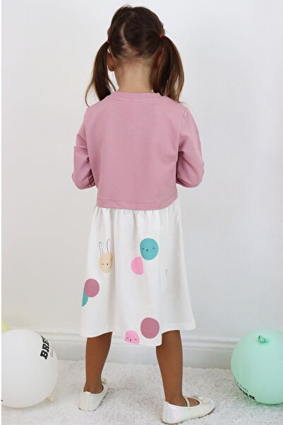 Breeze Χαριτωμένο πολύχρωμο μακρυμάνικο φόρεμα Bunny B με τύπωμα για κορίτσια 1,5-5 ετών - Dusty Rose