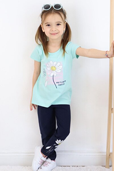 Breeze Daisy Printed Girl's Tights Set - Age 4-9, Water Green