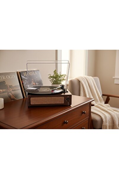 fomix FM-108 koyu kahverengi Hoparlörlü Bluetoothlu Pikap Plak Çalar