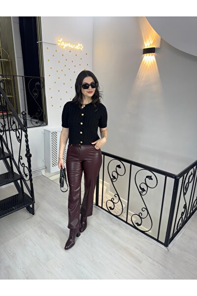Butik Bordo gold düğmeli 4 cepli boru paça suni deri pantolon