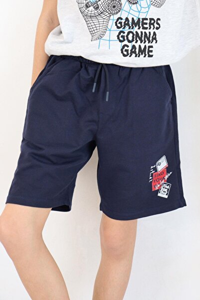 Breeze Girls & Boys Boy's Shorts with Text Printed Lace-up Pockets Elastic Waist 8-14 Years, Navy Blue